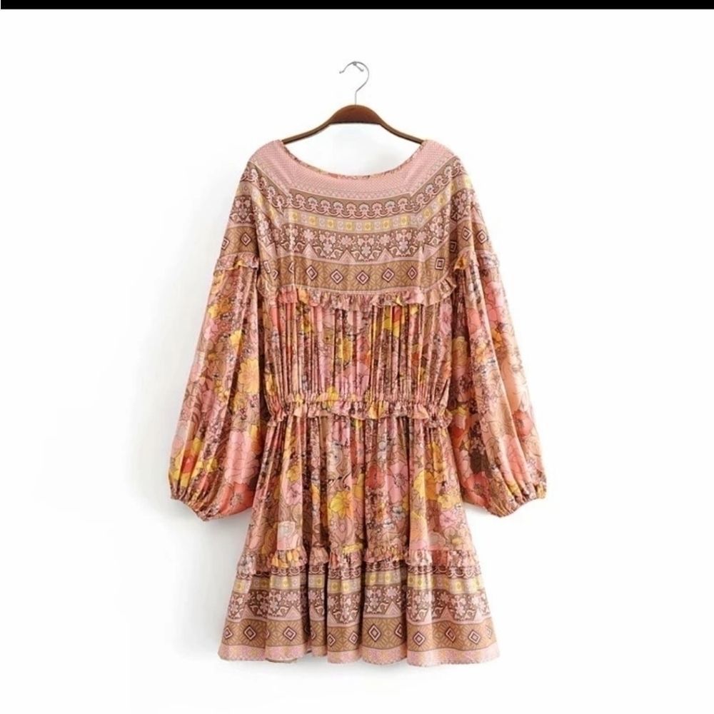 Gypsy Boho Floral Champagne And Pink Dress - Picture 6 of 14